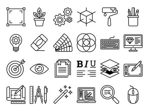 Graphic design and creativity icons set including lightbulb idea, gears, pa.. Stock Illustration