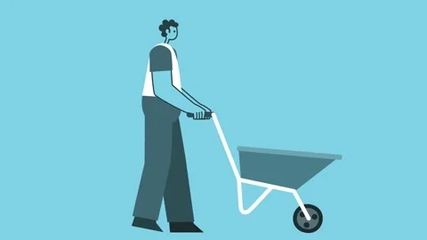 Graphic Design Bold Man Character Walking with Construction Cart Isolated Loop Stock-Footage 145271223