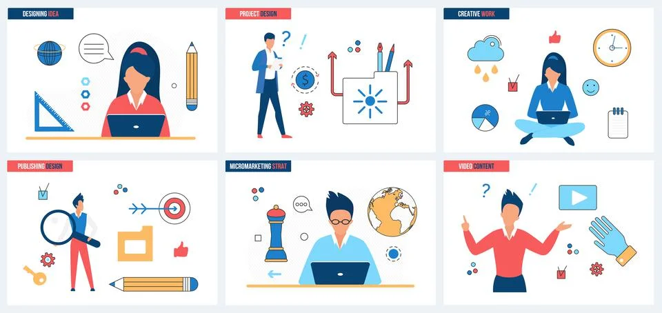 Graphic design, content strategy set, process of ideas creation in studio agency Stock Illustration