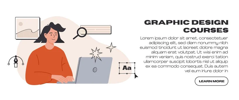 Graphic design course web banner landing page template. Designer working on Illustrazione stock