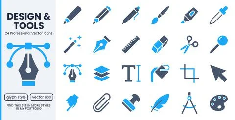 Graphic design, creative drawing tools glyph icons set. Pen, pencil, paintbrush Ilustração Stock