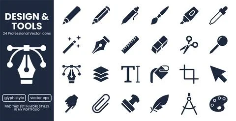 Graphic design, creative drawing tools glyph icons set. Pen, pencil, paintbrush 스톡 일러스트