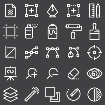 Graphic design, creative package, stationary, software and more, thin line ic Stock Illustration