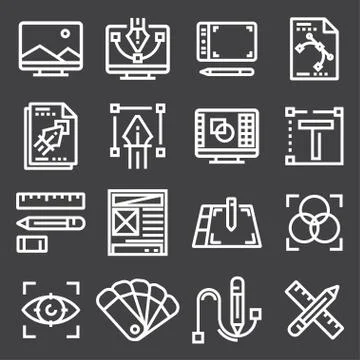 Graphic design, creative package, stationary, software and more, thin line ic Stock Illustration