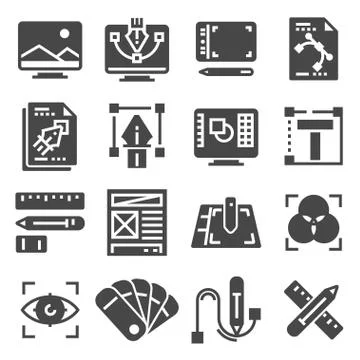 Graphic design, creative package, stationary, software and more, thin line ic Stock Illustration
