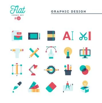 Graphic design, creative package, stationary, software and more, flat icons s Stock Illustration