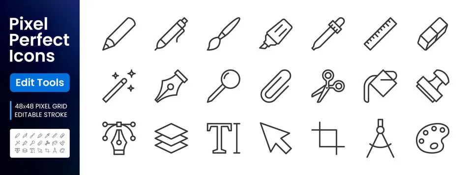 Graphic design, drawing tools line icons set. Pen, pencil, paintbrush, dropper Stockillustratie