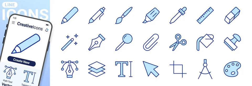 Graphic design, drawing tools line icons set. Pen, pencil, paintbrush, dropper イラスト素材