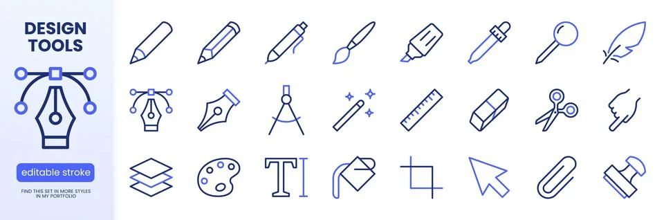 Graphic design, drawing tools line icons set. Pen, pencil, paintbrush, dropper イラスト素材