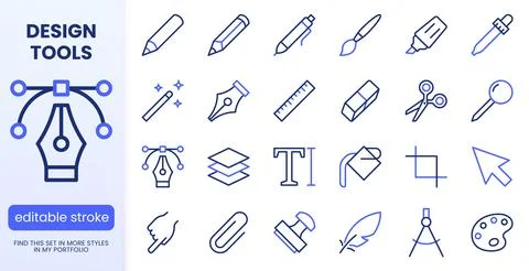 Graphic design, drawing tools line icons set. Pen, pencil, paintbrush, dropper イラスト素材
