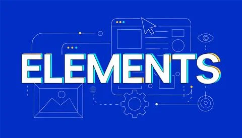 Graphic design elements on blue background with white text Stock Illustration