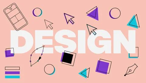 Graphic design elements on pink background with word design Illustrazione stock