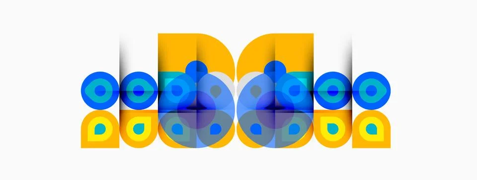 Graphic design features bold lettering, vibrant blue, orange hues. Circles Stock Illustration