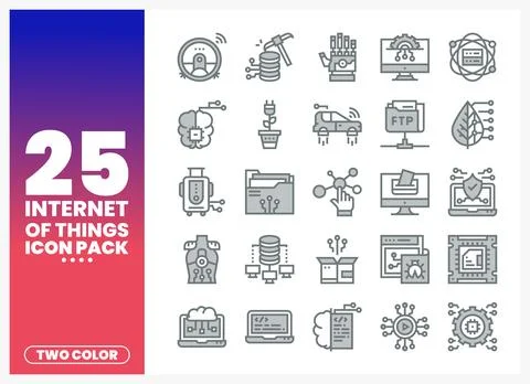 A graphic design featuring Internet of Things icons in a two-color flat sty.. Stock Illustration