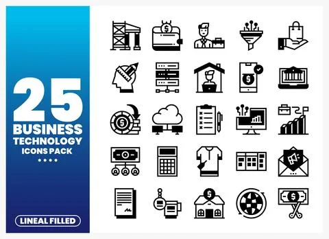 A graphic design featuring lineal filled business and technology icons. Illustrazione stock