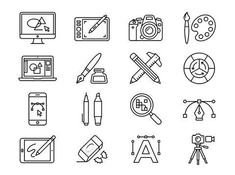 Graphic design icons set: computer, tablet, camera, pen, pencil, palette, m.. Stock Illustration