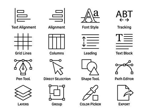 Graphic design icons set for digital editing tools, typography, layout, and.. Stock Illustration