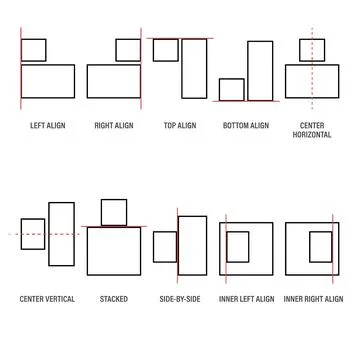 Graphic design layout examples showing alignment and arrangement of two rec.. Ilustração Stock