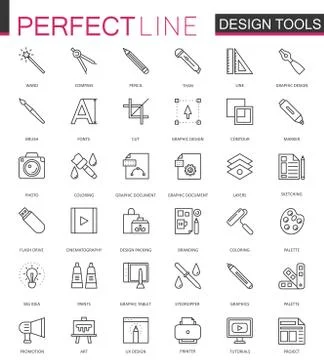 Graphic design program tools palettes. Thin line web icons set. Interface Ilustração Stock
