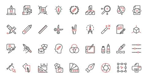 Graphic design red black thin line icons set, tools for creative projects of 스톡 일러스트