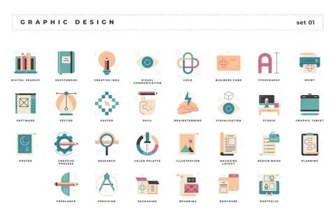 Graphic design. Set of pixel-perfect icons. Flat color style. Stock Illustration
