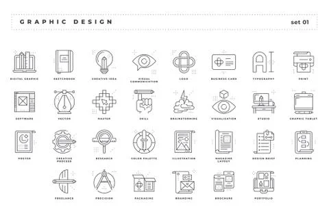 Graphic design. Set of pixel-perfect icons. Thin line style. Stock Illustration
