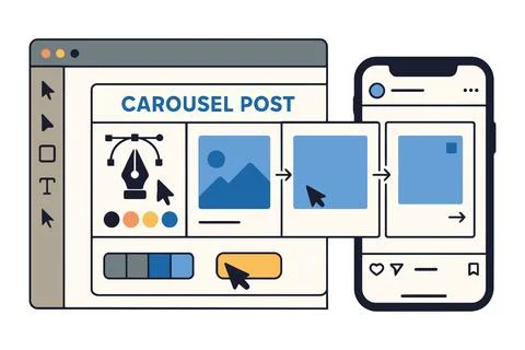 Graphic design software creating a social media carousel post on phone Illustration