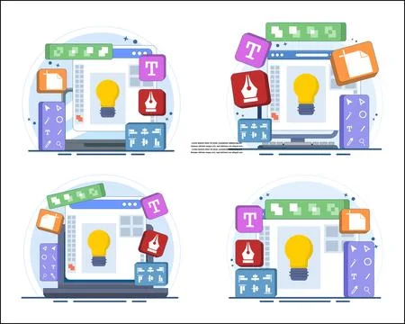 Graphic design software illustration set featuring laptop screens Stock Illustration