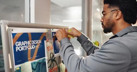 Graphic design, sticky note and businessman for inspiration with portfolio Stock Photos
