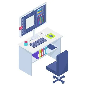 Graphic design workplace isometric concept with computer and keyboard vector 库存插图