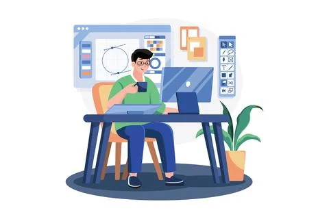 Graphic Designer crafting visual concepts on computer Stock Illustration