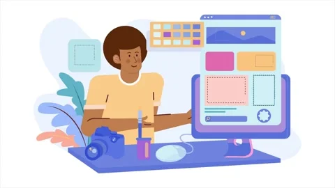 A graphic designer creates visuals on computer surrounded by camera pens and Stock Footage 292850934