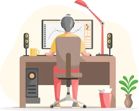 Graphic designer creating his artwork using computer software. Digital artist Illustrazione stock