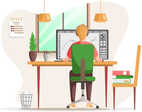 Graphic designer creating his artwork using computer software. Digital artist Illustrazione stock