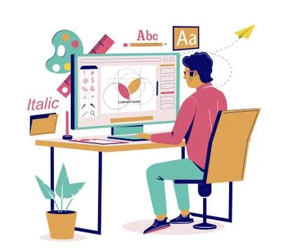 Graphic designer creating logo design, vector flat isometric illustration. Stock Illustration