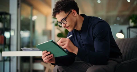 Graphic designer, drawing and man with tablet in office for web development, Stock Footage 323324113