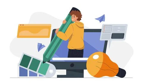 Graphic designer man. Young guy with huge pencil on computer screen near palette Illustrazione stock