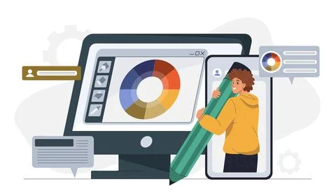 Graphic designer man. Young guy with large pencil near computer with color Stock Illustration