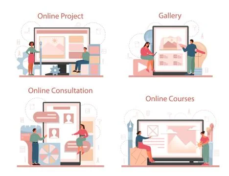Graphic designer or digital illustrator online service or platform set. Stock Illustration