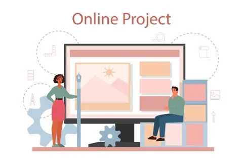 Graphic designer or digital illustrator online service or platform. Stock Illustration