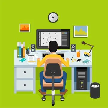 Graphic designer or illustrator working on desktop. Freelancer concept. イラスト素材