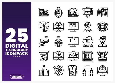 A graphic designer presents a digital technology icon pack with diverse ico.. 库存插图