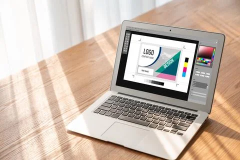 Graphic designer software for modern design of web page and commercial ads Stock Photos