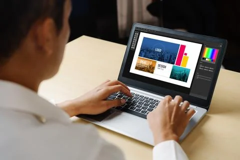 Graphic designer software for modern design of web page and commercial ads Stock Photos