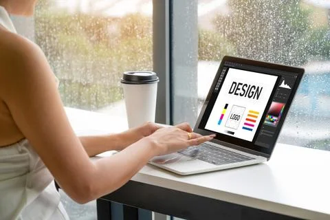 Graphic designer software for modern design of web page and commercial ads Stock Photos