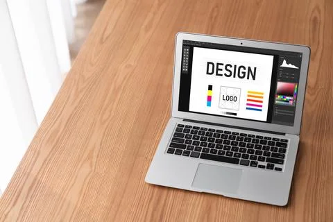 Graphic designer software for modern design of web page and commercial ads Stock Photos