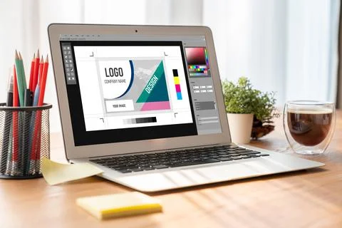 Graphic designer software for modern design of web page and commercial ads Stock Photos