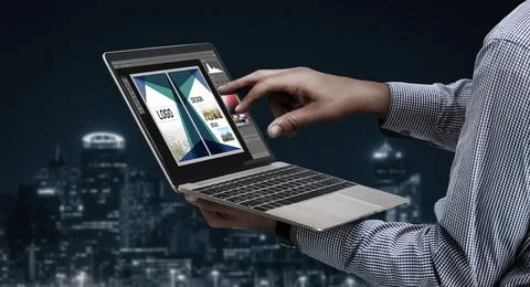 Graphic designer software for modern design of web page and commercial ads Stock Photos