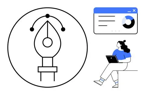 Graphic designer using laptop, pen tool icon within a circle, and design soft 스톡 일러스트