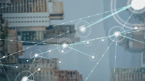 Graphic designer using urban network overlay technology, showing glowing nodes Vídeos de archivo 307436551